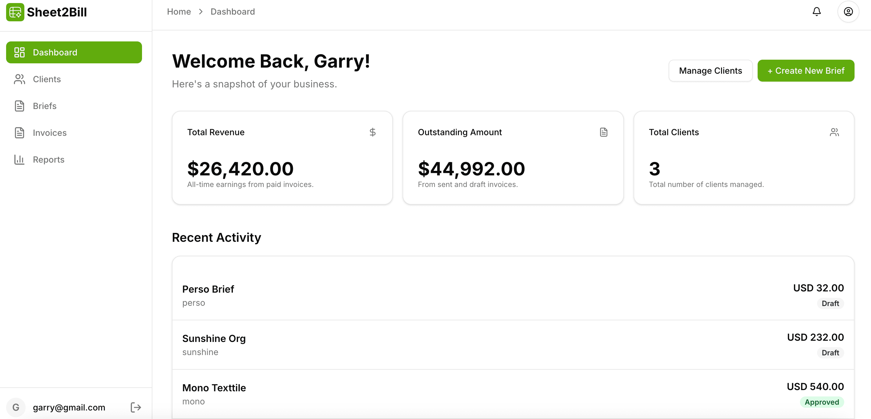 Sheet2Bill Dashboard Preview - Client Project Alpha Invoice Paid